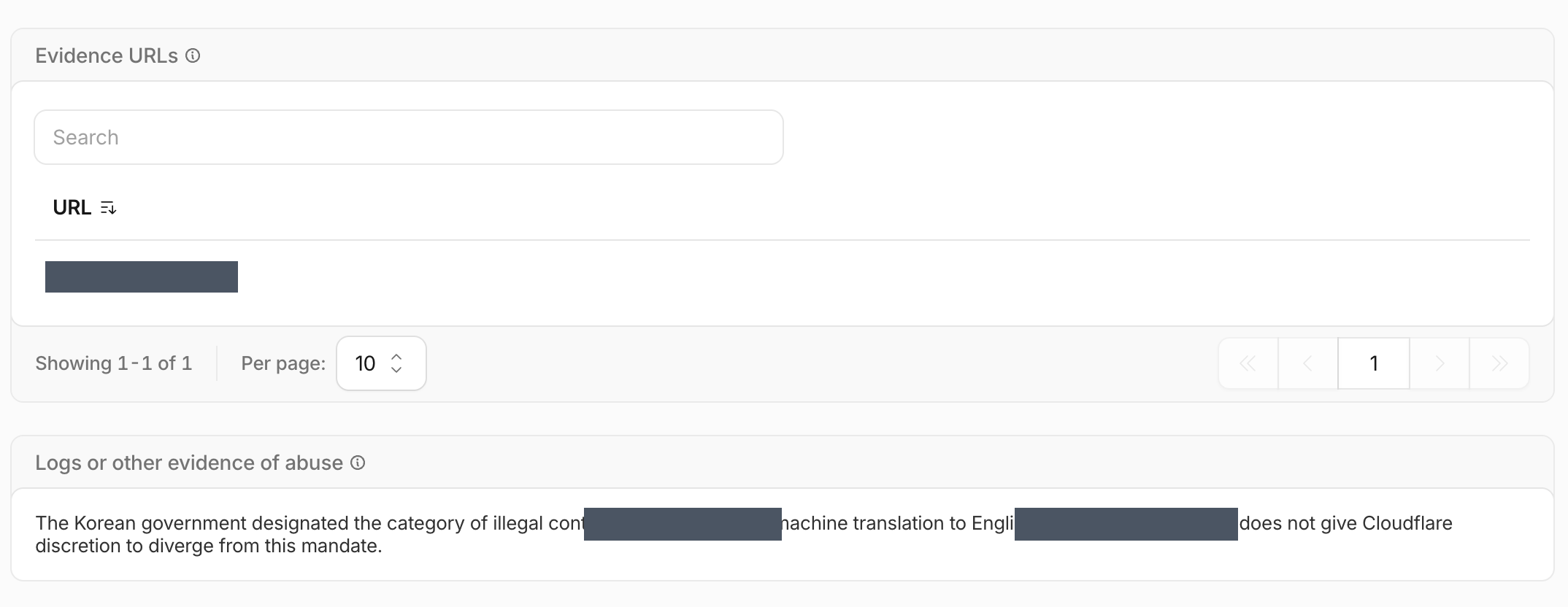 Evidence section of the Abuse Report. The Evidence URLs list and the Logs or other evidence of abuse field record that the Korean government designated the category of illegal content and that the law gives Cloudflare no discretion. The URL and category name are masked.